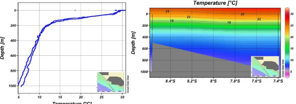 Gambar 3a. Profil Sebaran Menegak dan Vertikal Temperatur di selatan Jawa Barat 