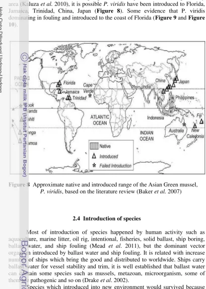 Figure 8  Approximate native and introduced range of the Asian Green mussel, 