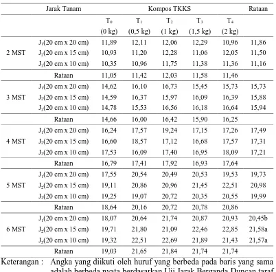 Tabel 1.  Rataan tinggi tanaman (cm) bawang merah umur 2-6 MST pada perlakuan pemberian kompos TKKS dan jarak tanam