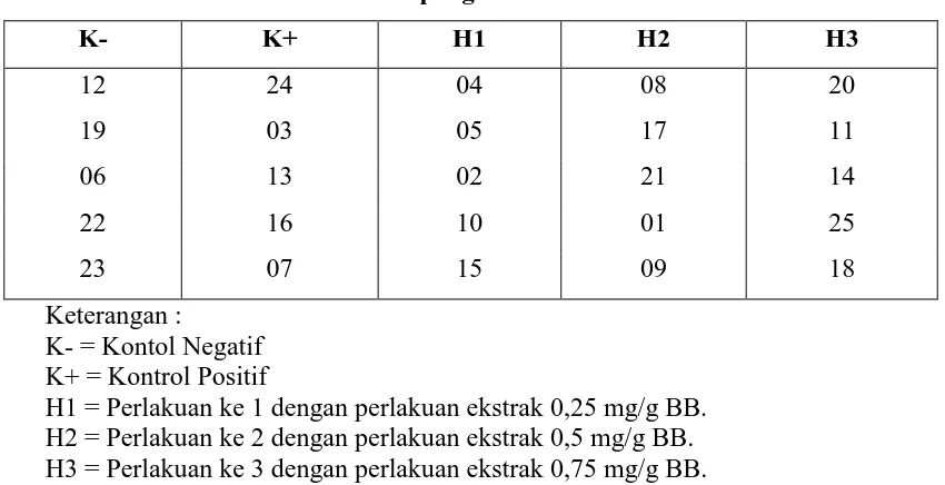 Tabel 3.1 Hasil pengocokan acak mencit 