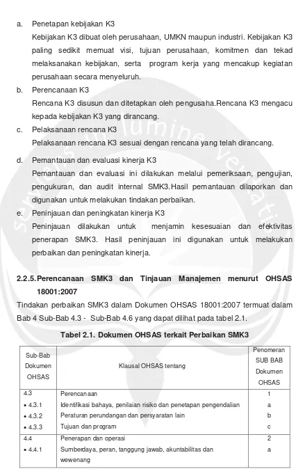 Tabel 2.1. Dokumen OHSAS terkait Perbaikan SMK3 