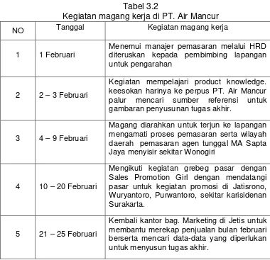 Tabel 3.2 Kegiatan magang kerja di PT. Air Mancur 