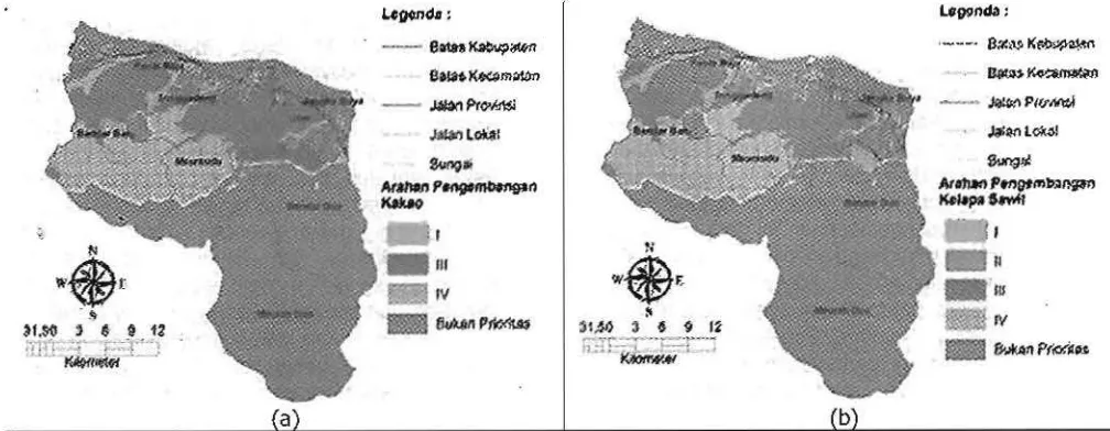 Gambar 3. Peta arahan spasial pengembangan perkebunan rakyat (a) kakao dan (b) kelapa sawit di Kab