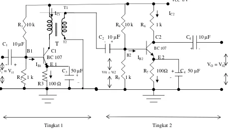 Gambar 1 adalah contoh penguat dengan gandengan transformator. Transformator T 