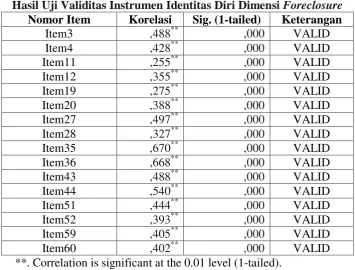 Tabel 3.14 Hasil Uji Validitas Instrumen Identitas Diri Dimensi 