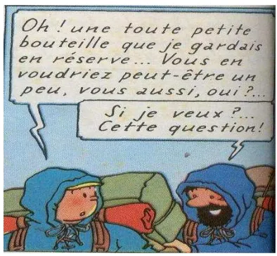 Gambar 9:  Tintin menawarkan satu botol kecil wiski kepada kapten Haddock 