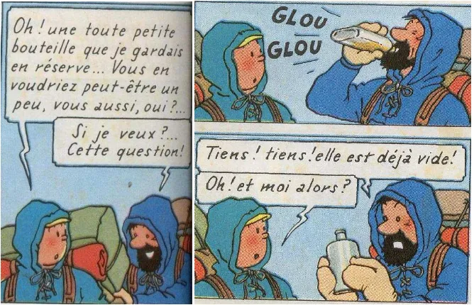 Gambar 10:  Tintin menawarkan satu botol kecil wiski kepada kapten Haddock 
