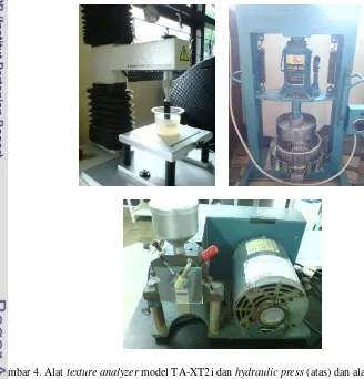Gambar 4. Alat texture analyzer model TA-XT2i dan hydraulic press (atas) dan alat disk mill (bawah) 