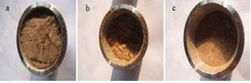 Gambar 14  Proses HEM serat kulit rotan vial terisi serat dan bola (a), setelah proses milling (serat menyusut), (b) serat hasil milling (c)