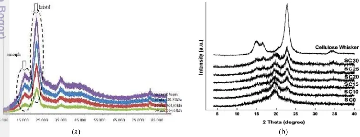 Gambar 16   Hasil XRD, selulosa serat kulit tebu (a)15, cellulose nanowhisker (b)17 