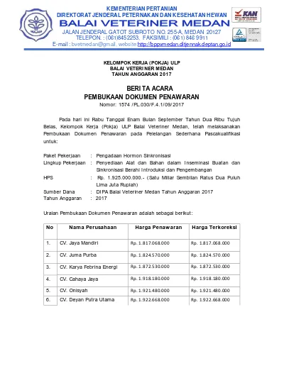 Ba Pembukaan Dokumen Penawaran Lelang Hormon Sinkronisasi 5226