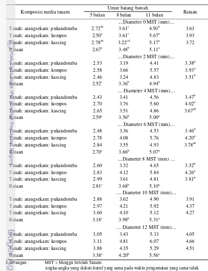 Tabel 4. Pengaruh komposisi media tanam dan umur bibit batang bawah terhadap diameter (mm) batang bawah Rough Lemon 