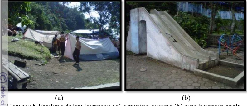 Gambar 5 Fasilitas dalam kawasan (a) camping ground (b) area bermain anak. 