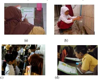 Gambar 4. Kegiatan mengamati (a)(c ) Siswa menyentuh bahan basah yang dijemur, dan (d) siswa mengamati peta di  membuat tabel pengamatan, (b) siswa mengamati gerak kincir air