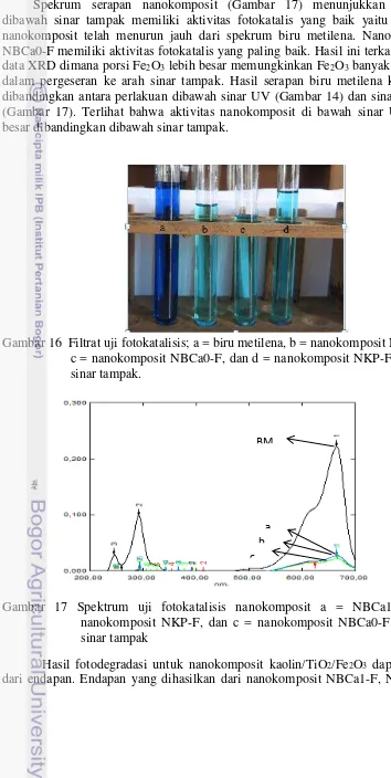 Gambar 16  Filtrat uji fotokatalisis; a = biru metilena, b = nanokomposit NBCa1-F, 
