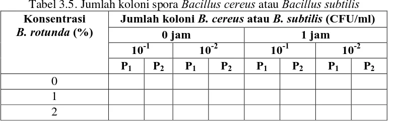Tabel 3.5. Jumlah koloni spora  Konsentrasi Bacillus cereus atau Bacillus subtilis Jumlah koloni B