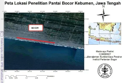 Gambar 1. Peta lokasi pengambilan contoh di Pantai Bocor, Kebumen (www.Googleearth.com, 25 April 2013) 