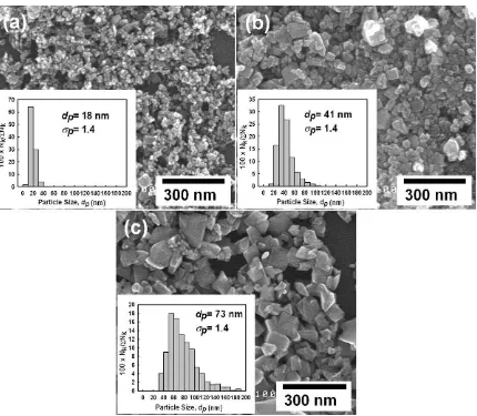Fig. 3. Size-controlled tungsten oxide nanoparticles prepared using different methane and carrier gas ﬂow rates of (a) 0.7 and 6 L/min, (b) 1.0 and 2 L/min and (c) 2.0 and 10 L/min, respectively.