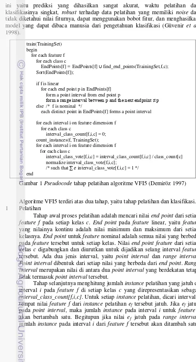 Gambar 1   Pseudocode tahap pelatihan algoritme VFI5 (Demiröz 1997) 