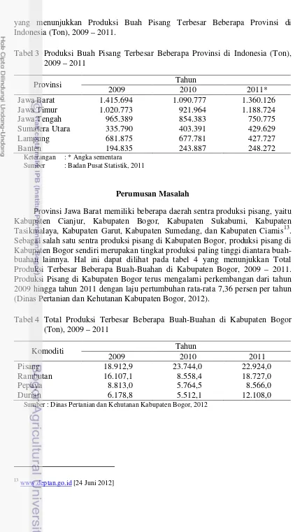 Tabel 3 Produksi Buah Pisang Terbesar Beberapa Provinsi di Indonesia (Ton), 