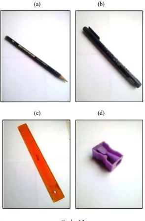 Gambar 3.2  Pensil 2B, (b) Drawing Pen 0,4, (c) Penggaris, dan (d) Serutan Pensil 