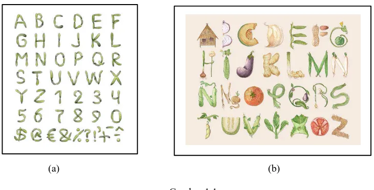 Gambar.1.1  (A) Contoh  Tipografi dari Ketimun. (B) Tipografi Berbagai Sayuran yang digambar 