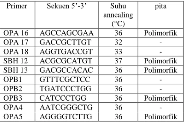 Tabel  1.  Primer  dan  jumlah  pita  DNA  hasil  amplifikasi dan tingkat polimorfisme 