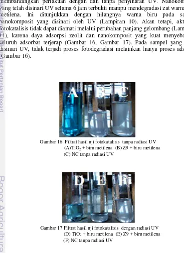 Gambar 17 Filtrat hasil uji fotokatalisis  dengan radiasi UV (D) TiO2 + biru metilena  (E) Z9 + biru metilena (F) NC tanpa radiasi UV 