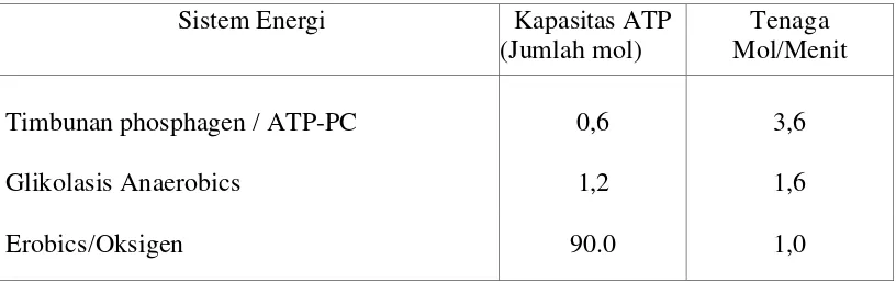 Tabel 5. Kapasitas ATP dan Jumlah Tenaga / Menit dalam Sistem Energi (Foss & Keteyian, 1998:35)