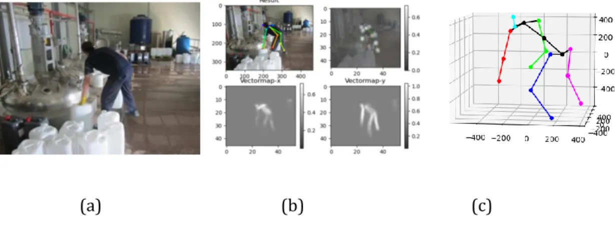 Figure 3.1 Output of Open Pose: Image (a), Heatmap, Vectormap by x axis and y axis (b),  Three-dementional key point skeleton (c)