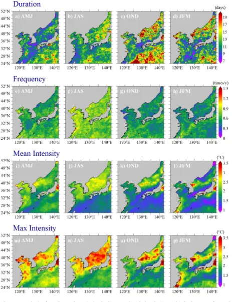 그림 14. 계절별 한국해 해양열파 특성(지속시간, 발생빈도, 평균세기, 최대세기) 공간분포