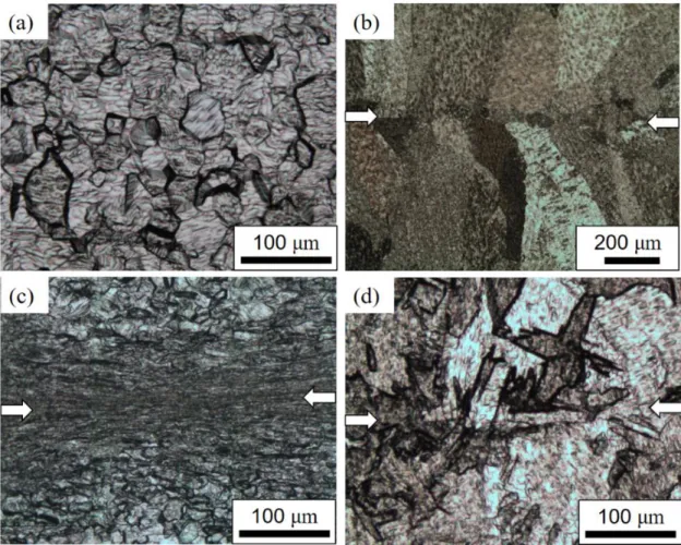 Figure 2.5 OM images of (a) base metal, (b) RSW joint, (c) 1.2kA1.9d joint, and (d)  1.6kA0.7d joint