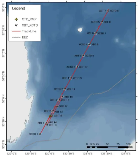 Fig. 3-1-2. 2018년 동해 남서부 해역 탄성파 탐사 측선 및 해양물리 관측 정점 위치.