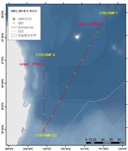 Fig. 3-1-3. 2021년도 동해 남서부해역 탄성파 탐사 측선 및 해양물리 관측 정점 위치.