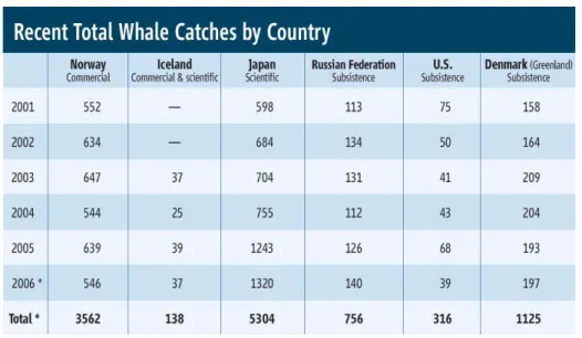 표  1.  최근  세계  주요  국가에서  포획한  총  고래의  수.