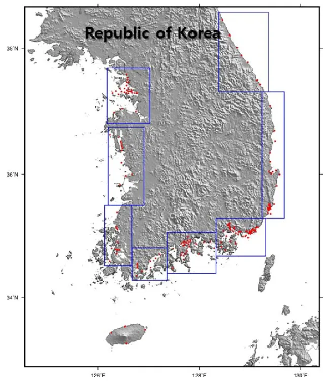 Figure  3.2.31.  Map  of  sampling  sites  for  marine  surface  sediments  of  the  coast  of  Korea