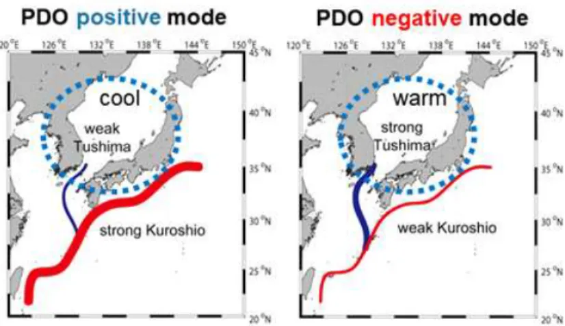 그림  3  태평양  10년  주기  진동(PDO)  모드  변화에  따른  동해  대마난류  수송량  변화와  동해  기후체제의  변화