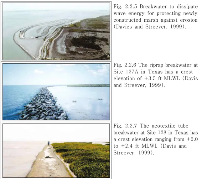 Fig.  2.2.5  Breakwater  to  dissipate  wave  energy  for  protecting  newly constructed  marsh  against  erosion (Davies  and  Streever,  1999).