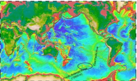 [그림 5-2-2] 남태평양과 남극해의 해저 지형 및 Udintsev Fracture Zone (타원 표시) 위치