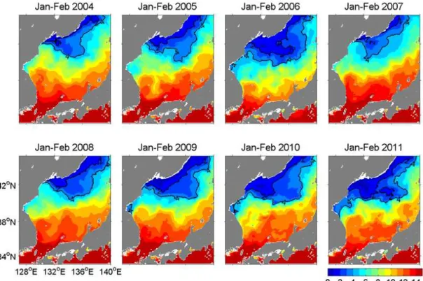 Fig.  3.1.1.1.  Mean  sea  surface  temperature  averaged  on  January  and  February  from  2004  to  2011