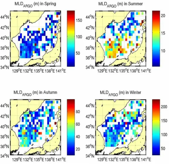 Fig.  3.1.2.1.  Seasonal  distribution  of  mixed  layer  depth  (m)  of  East  Sea  calculated  using  Argo  profiling  float  from  March  1999  to  April  2011
