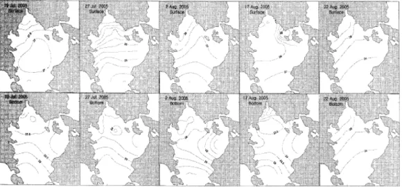 그림 3-2-3. 가막만의 표층 및 저층의 수온 수평분포(김 등, 2006).