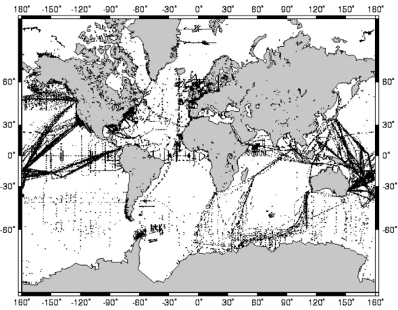 Fig. 2-5 The map of optical data sampling points for calibration and validation of ocean color sensor with SeaBASS program (SeaWiFS Technical report)