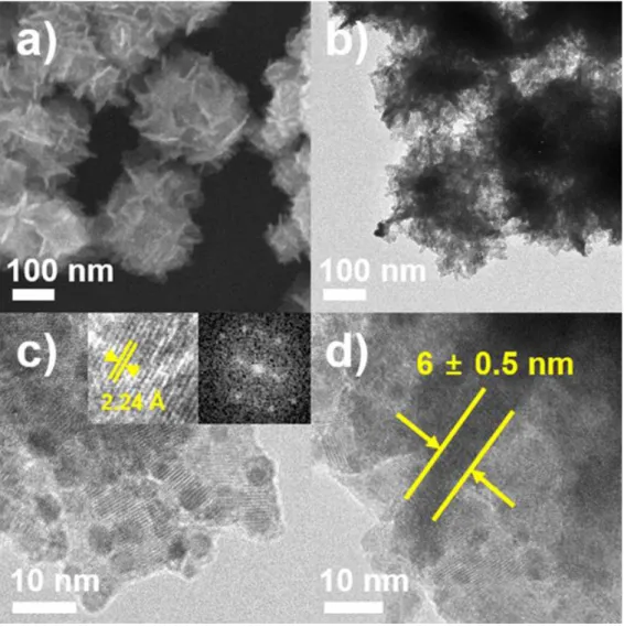Figure  1.  (a)  SEM  and (b)  TEM, and  c)  HRTEM  images of the  Pd-Pt  UANs.  Insets in  Figure  1c  show  high-magnification  HRTEM  image  and  FFT  pattern  obtained  from  a  ultrathin  nanosheet  subunits  of  Pd-Pt  UAN