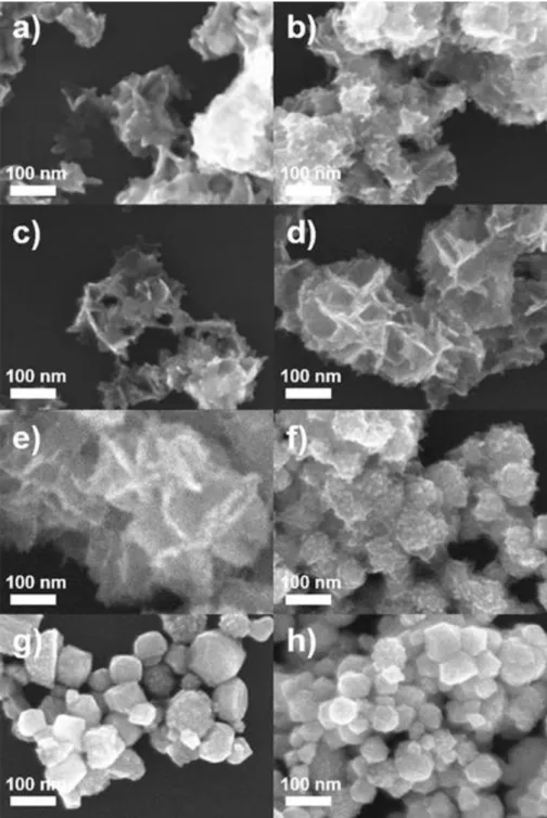 Figure  6.  SEM  images  of  NCs  produced  in  reaction  mixtures  with  (a-d)  0,  0.02,  0.05 and 0.1 mL (e) 0.2 mL (standard), (f-h) 0.5, 1.0, 2.0 mL of 50 mM AA