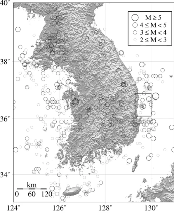 Figure 3.2.1 Distribution of earthquakes in the southern Korean Peninsula between 1978 and 2010.
