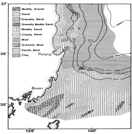 그림 1-1-10. 동해 표층퇴적물 입도 분포(Chough, 1983)