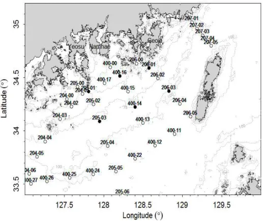 그림 9-1-1. 한국해양자료센터의 조사 관측정점 (검은 원: 이번 연구에서 장기 관 측 자료를 위해 사용된 정점)