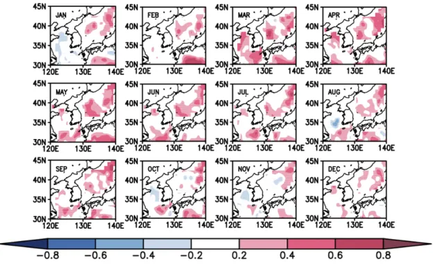 그림  3.1.14.  해수  열용량(표층에서  300미터까지의  평균  수온)에  대한  월별  3개월  예측  결과와  SODA  재분석자료의  장기  상관계수