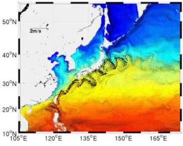 그림 14. 북서태평양 지역기후모형의 영역. 화 살표는 해류를 나타내며 색은 해면수온을 나타 냄